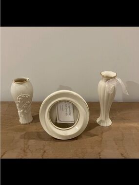 Lenox Cream Ceramic Vases and Picture Frame with Gold Trim